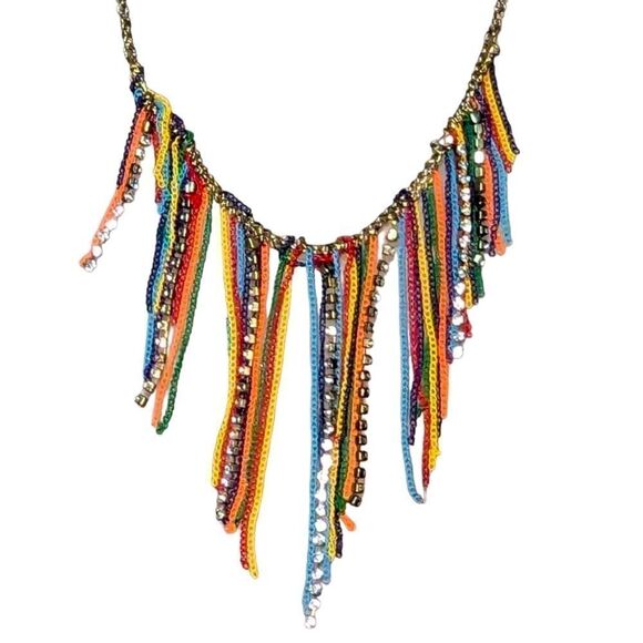 Vintage Multi Colored Chain Fringe and CZ Boho Necklace… Rare! - Picture 2 of 11